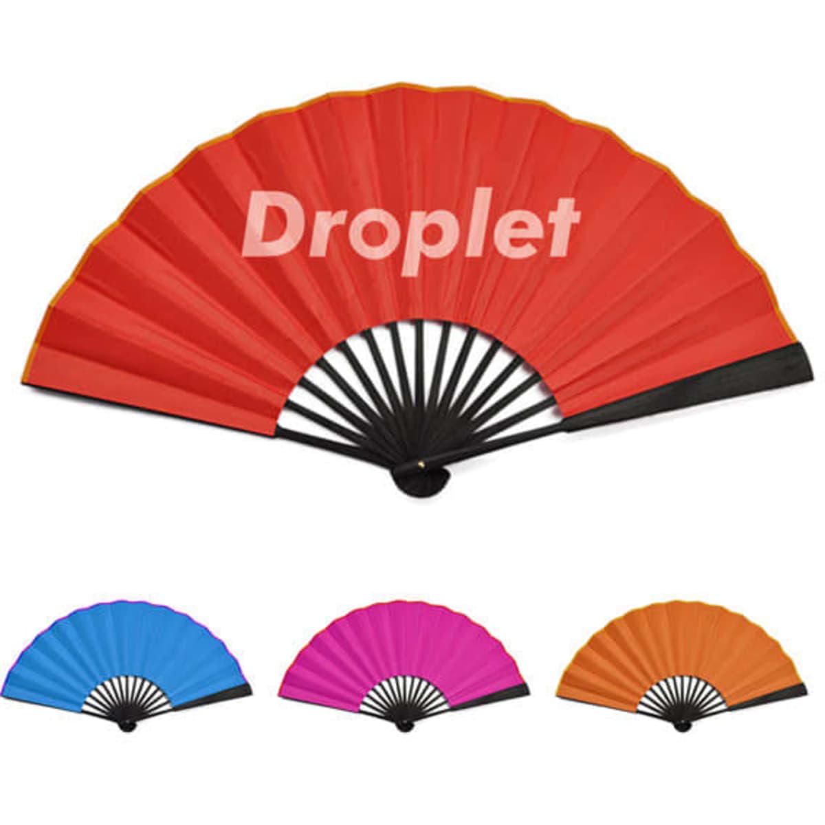 A folding hand fan with a black handle, featuring red, pink, orange, and purple fabric sections. It has a logo.