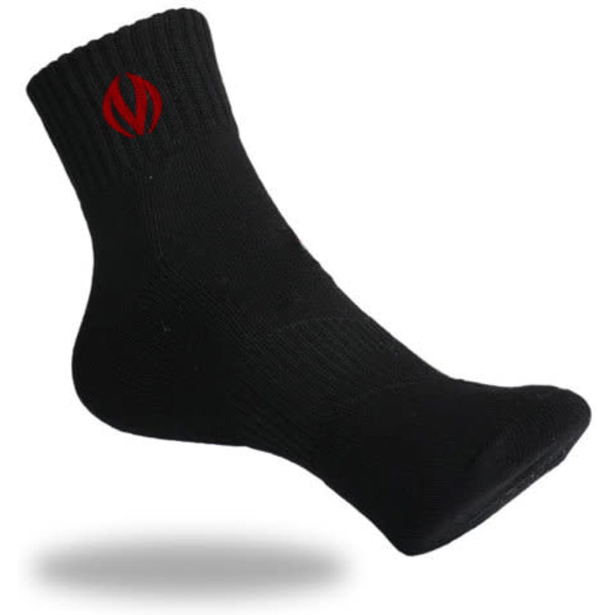 Black ankle sock with a ribbed cuff and a red logo.