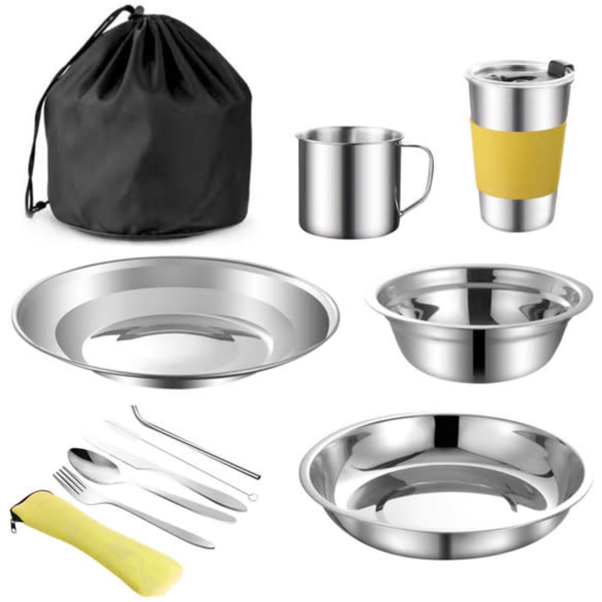 A stainless steel camping dish set featuring bowls, a cup, a mug with a yellow sleeve, cutlery, and a black storage pouch.