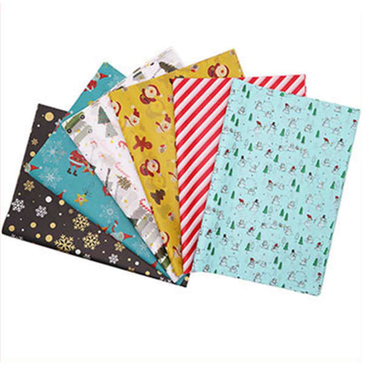 A collection of customised gift wrapping paper featuring various festive designs and colours, including red, green, and gold.