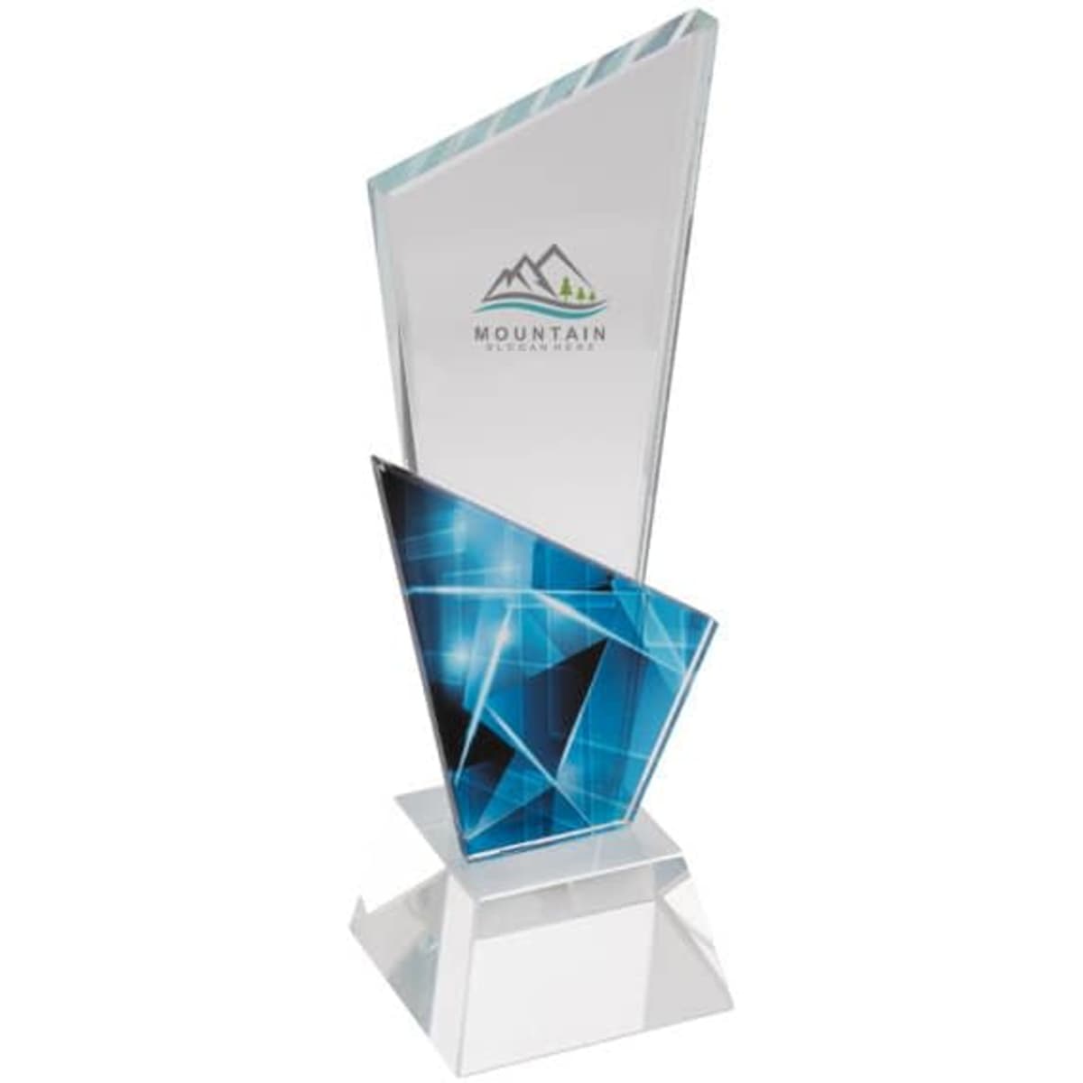 A crystal trophy with a geometric design in clear and blue hues, featuring a logo on the front.
