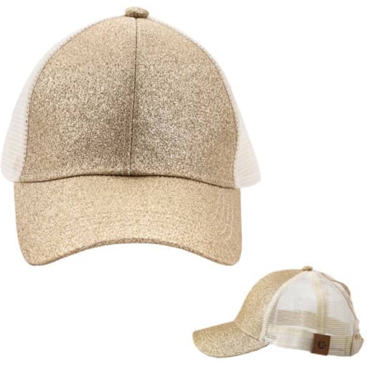 A glittery gold trucker cap with a mesh back and a logo patch on the side.