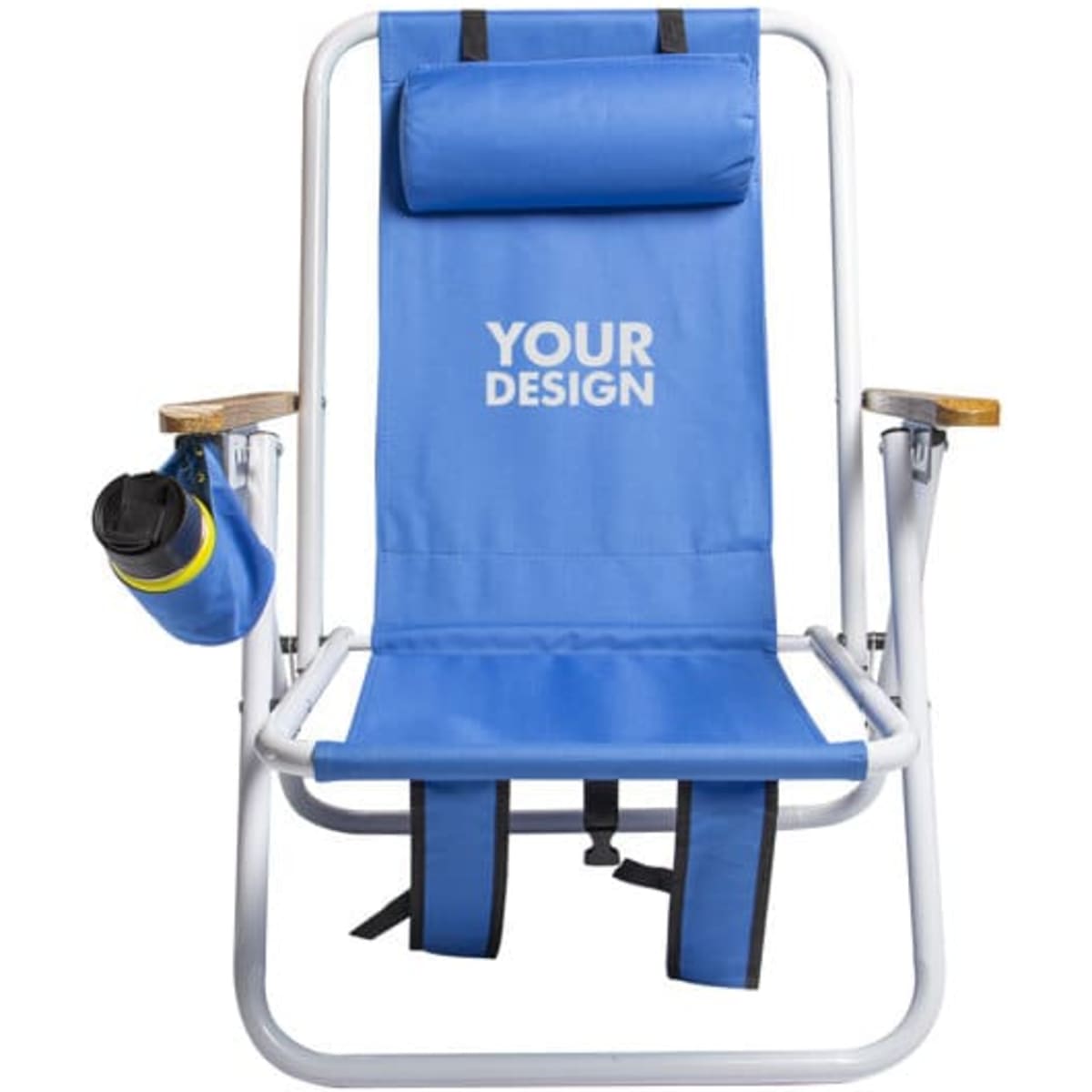 A blue portable backpack beach chair with a cup holder and a logo. It features a padded headrest and wooden armrests.