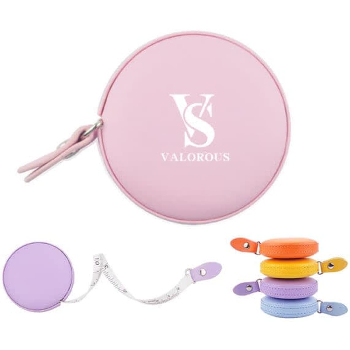 A pink mini PU leather round measuring tape, featuring a retractable tape with a variety of colourful options.