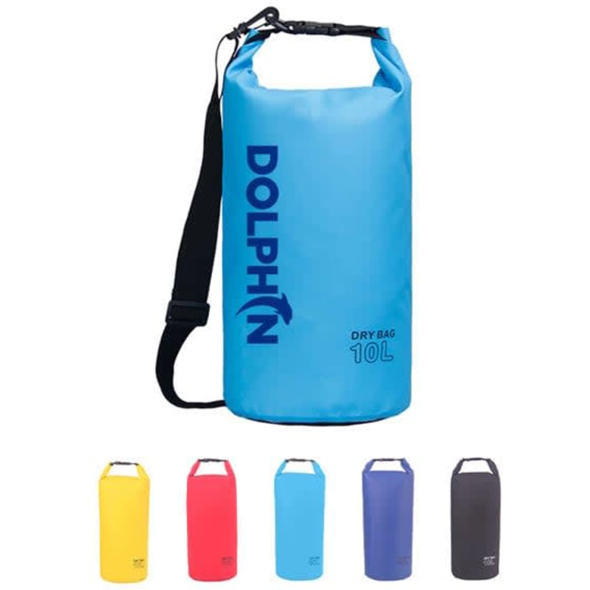 A blue waterproof dry bag with a logo, featuring a shoulder strap and six colour variants displayed below.