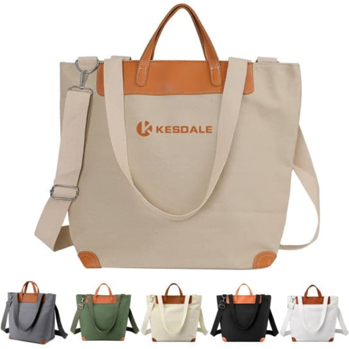 A large capacity canvas tote bag in cream with leather handles, featuring a logo and available in various colours.