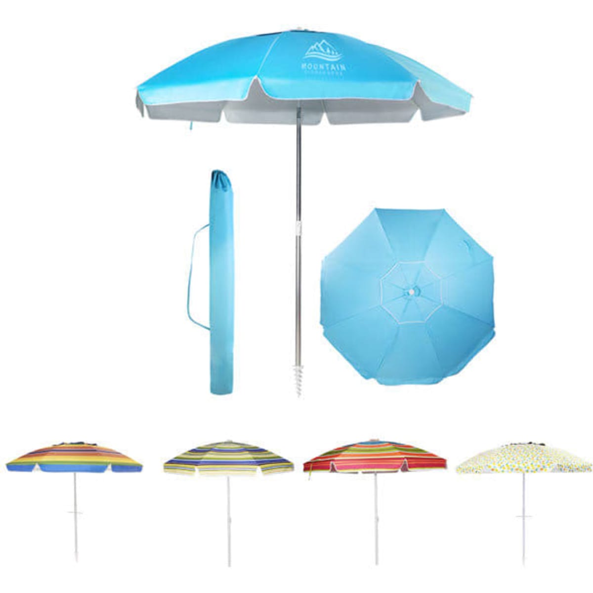 A blue beach umbrella with a silver pole, accompanied by various other patterned umbrella designs in red, yellow, and blue.