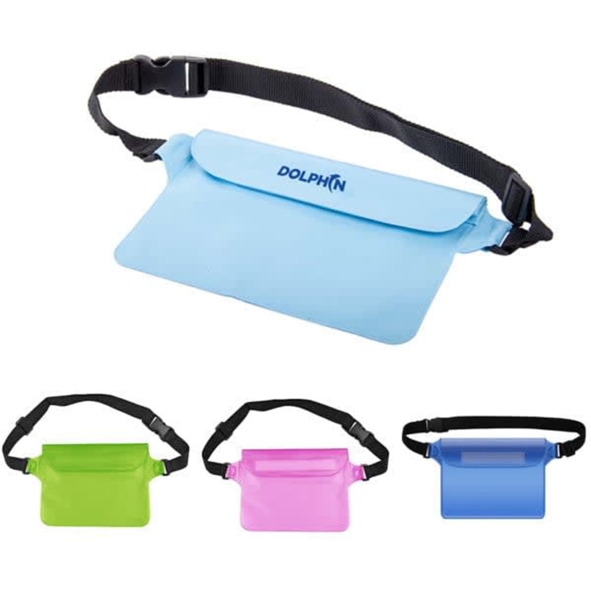 A waterproof pouch with waist strap, available in blue, green, and pink, featuring a logo on the front.