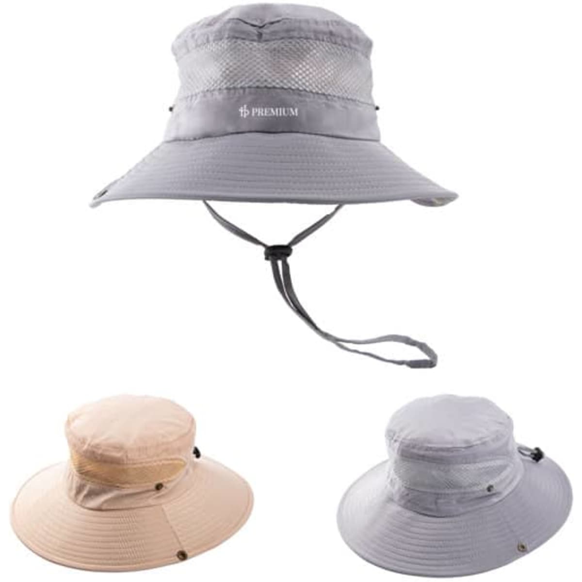 A mesh breathable fishing boonie hat in grey, with an adjustable string, featured alongside a beige variant.