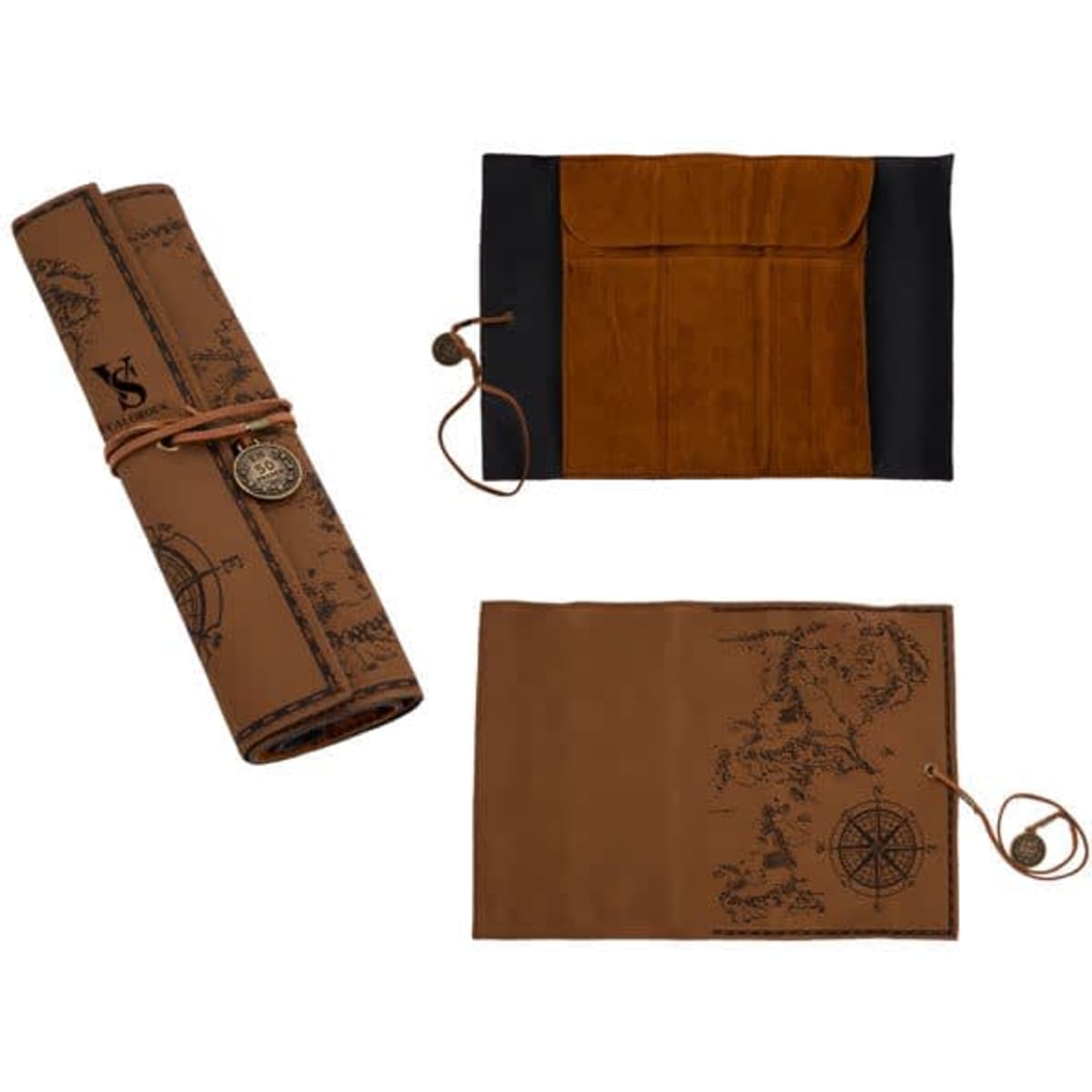 A PU leather roll-up pencil case in brown, featuring a decorative tie and an interior pocket. Includes a logo.