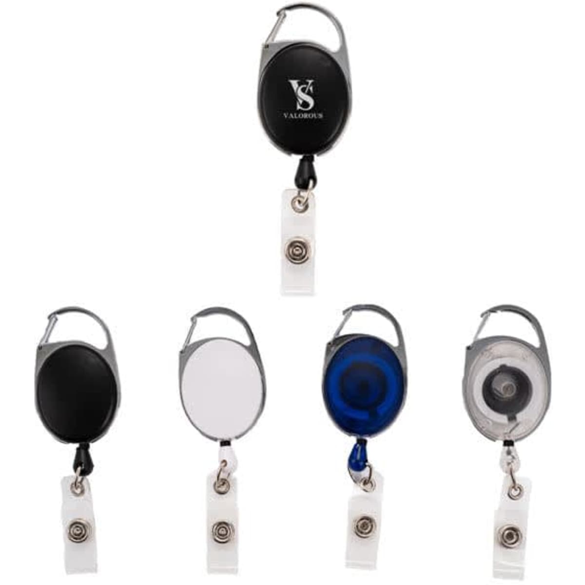A collection of retractable carabiner style badge reels in black, white, blue, and clear, featuring a logo on some.