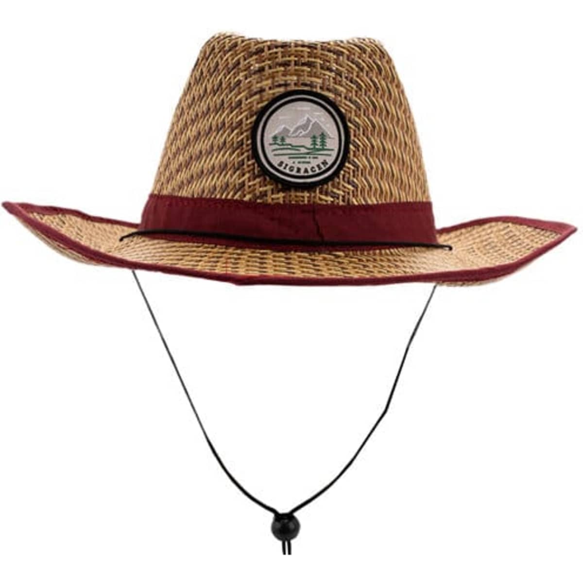 A Panama straw cowboy hat in natural tones with a burgundy trim and a logo patch, featuring a strap for secure fit.