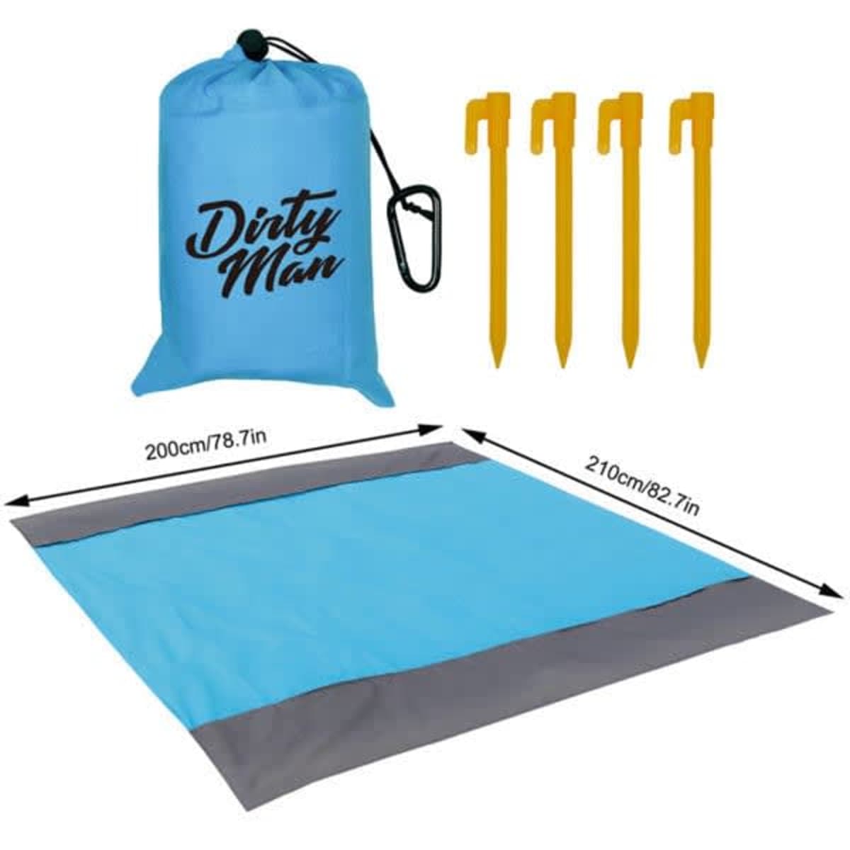 A blue waterproof pocket beach blanket with grey edging, accompanied by a storage bag and four yellow pegs.