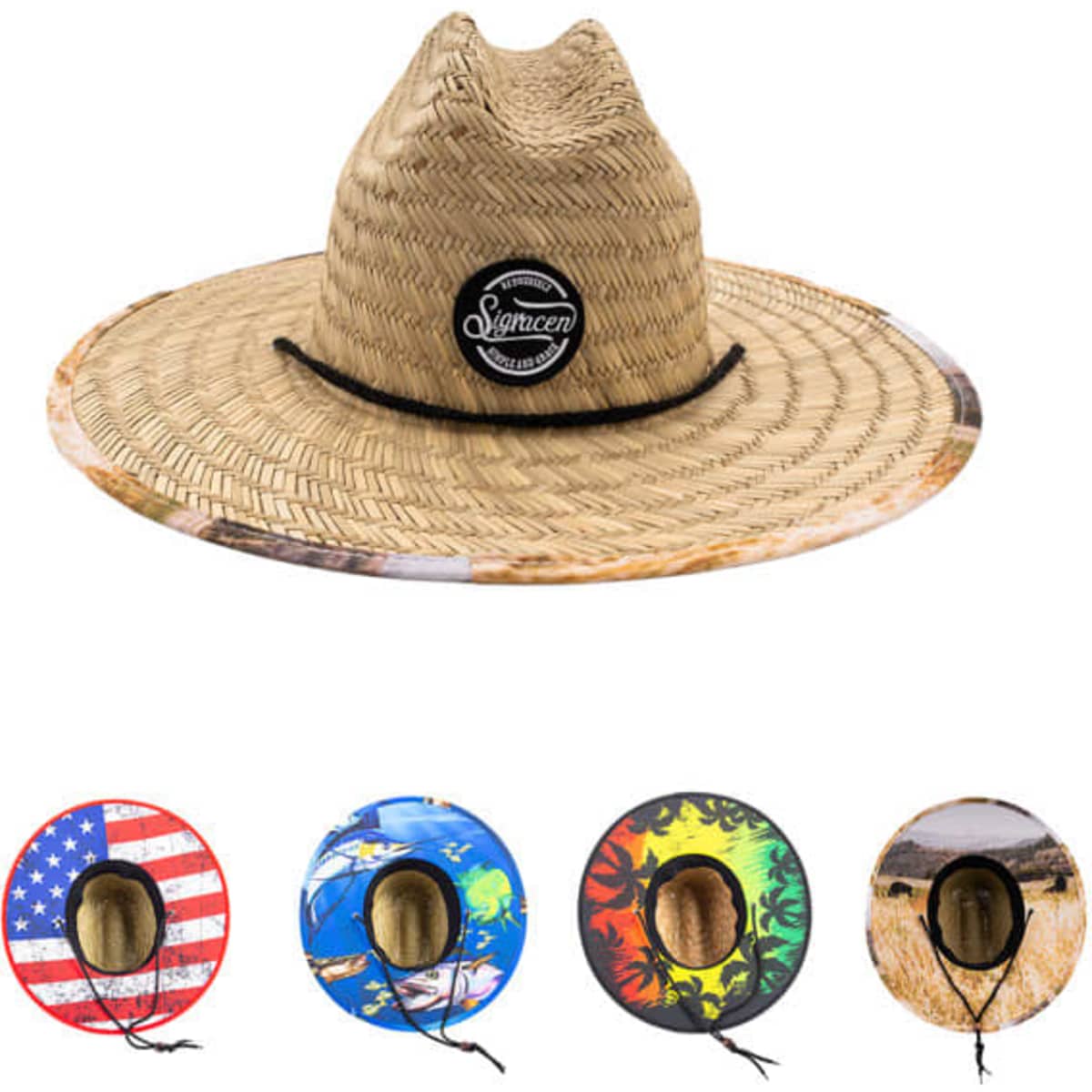 A wide-brimmed straw lifeguard hat with a black logo, featuring various coloured designs around the edge.