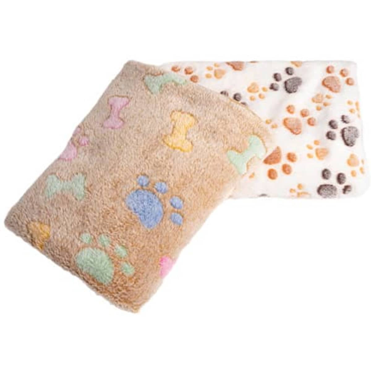 A soft fleece pet blanket featuring a dual design with colourful paw prints and bone shapes on a brown and white background.