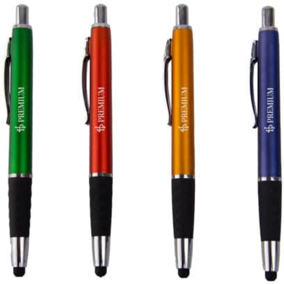 A collection of four stylus pens in green, red, orange, and blue, each featuring a logo and rubber grip.
