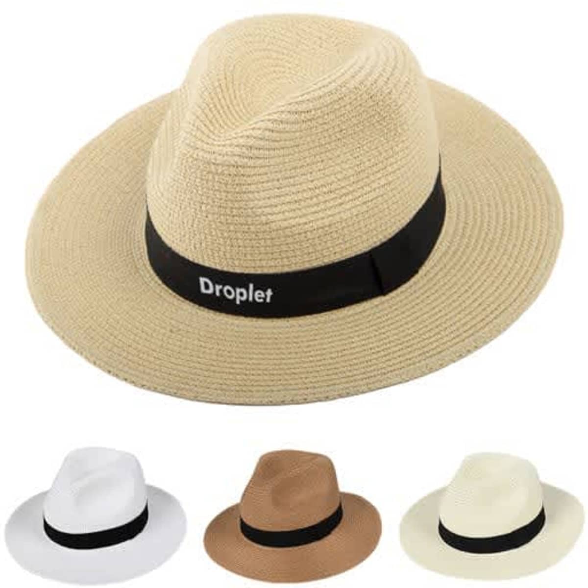 A wide brim Panama hat in beige with a black band, alongside variations in white and tan. Features a logo.