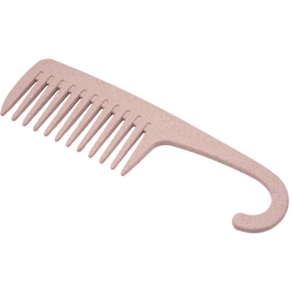 A wide-tooth comb in a soft pink hue with a curved hook handle. Features a branding logo.