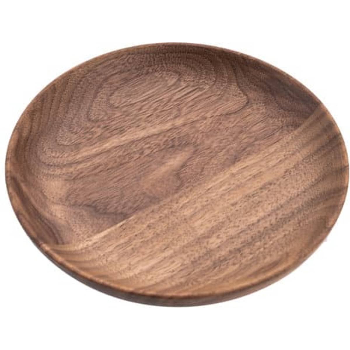 A round dessert plate made of black walnut wood with a smooth, natural finish. Features a subtle textured pattern.