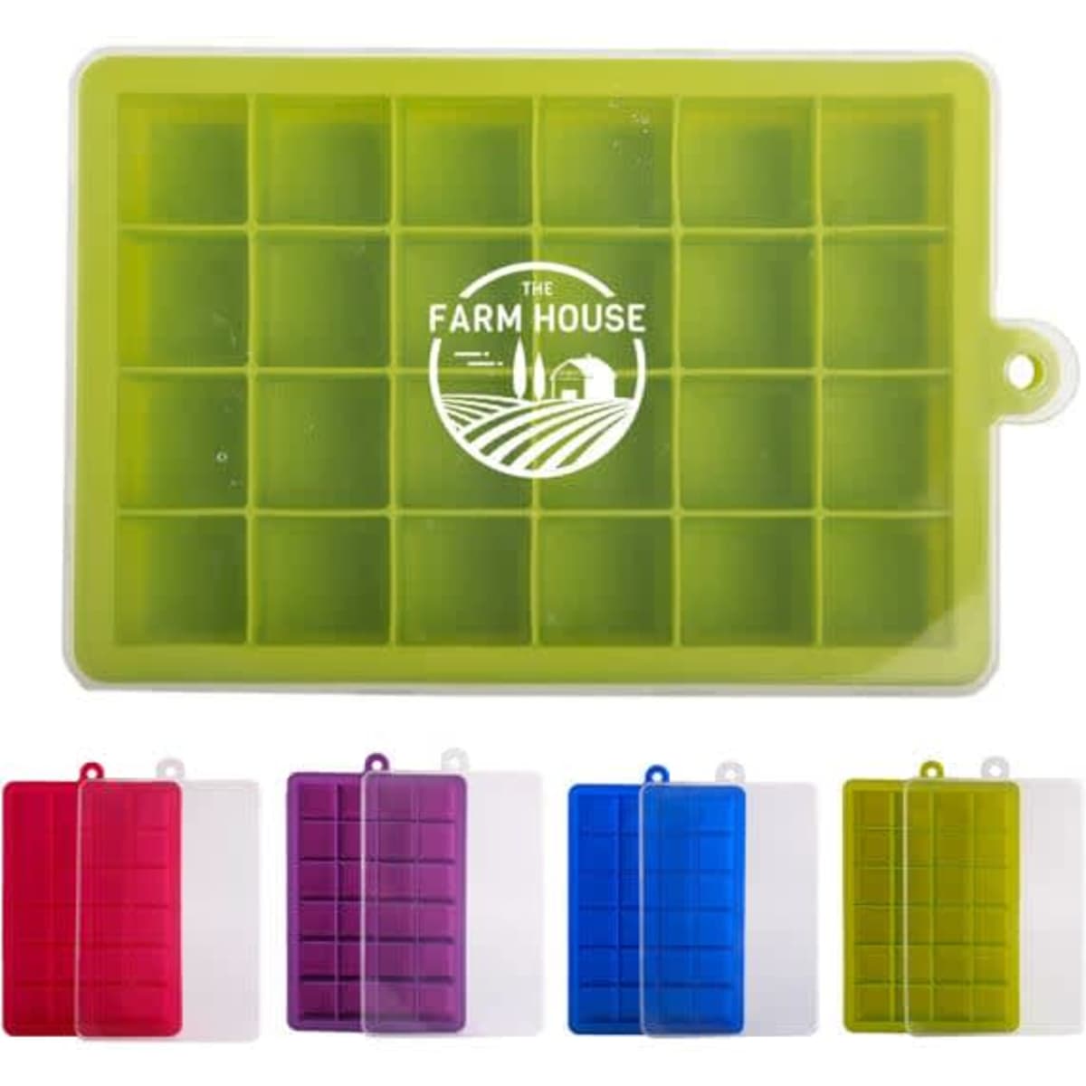 A silicone ice cube tray with 24 grids, a lid, and assorted colours including green, pink, purple, and blue. Features a logo.