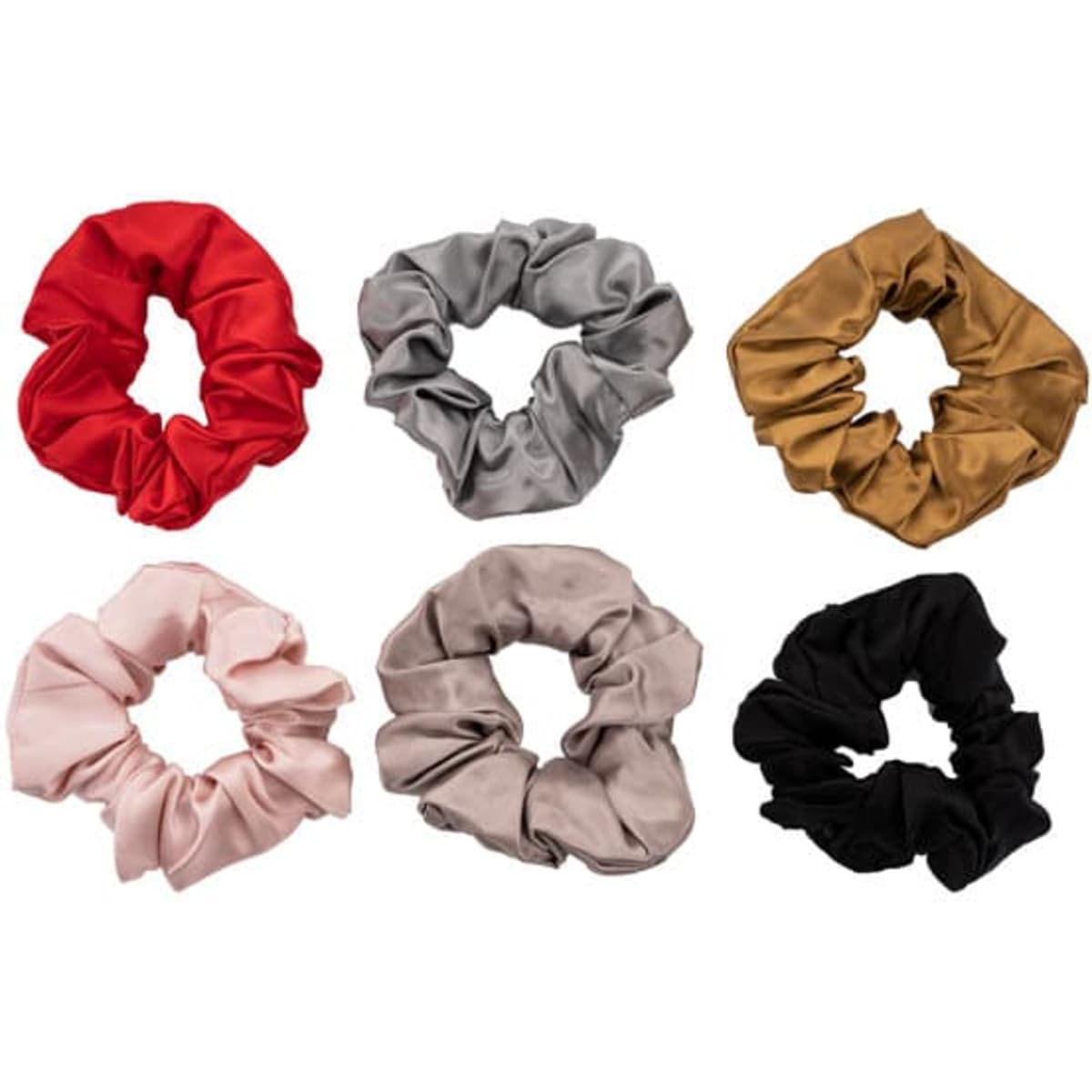 A collection of six 16mm pure silk hair scrunchies in red, grey, gold, pink, beige, and black. One scrunchie features a logo.