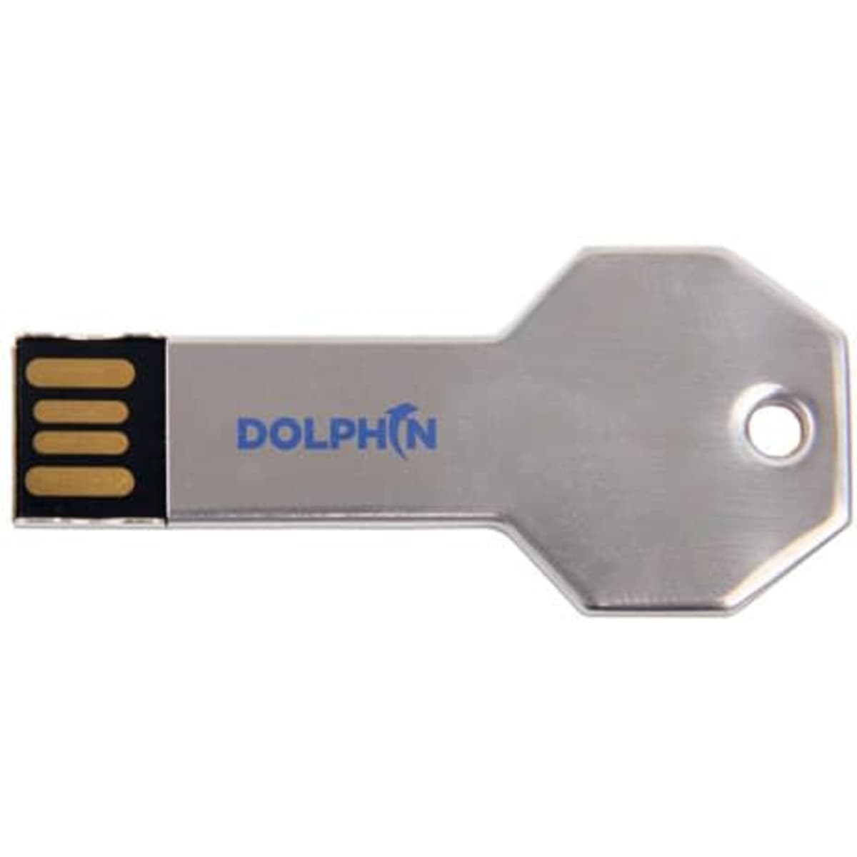 A metallic key-shaped USB memory stick with a blue logo, featuring gold contact pins.