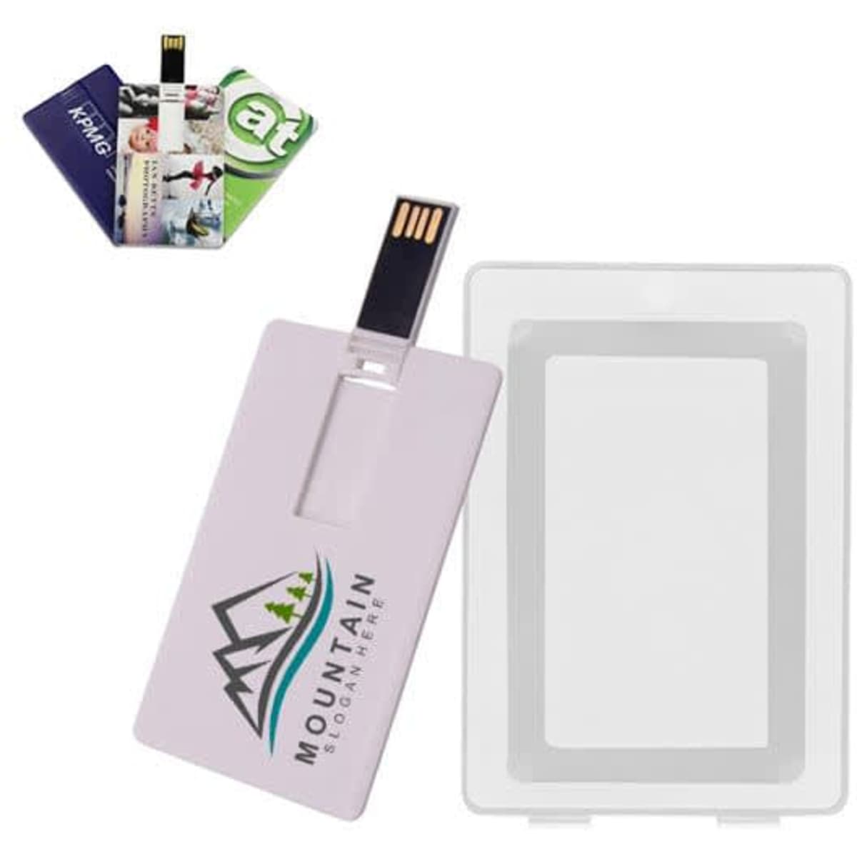 A white USB flash drive in the shape of a credit card, with a logo and black connector. Includes two additional cards.