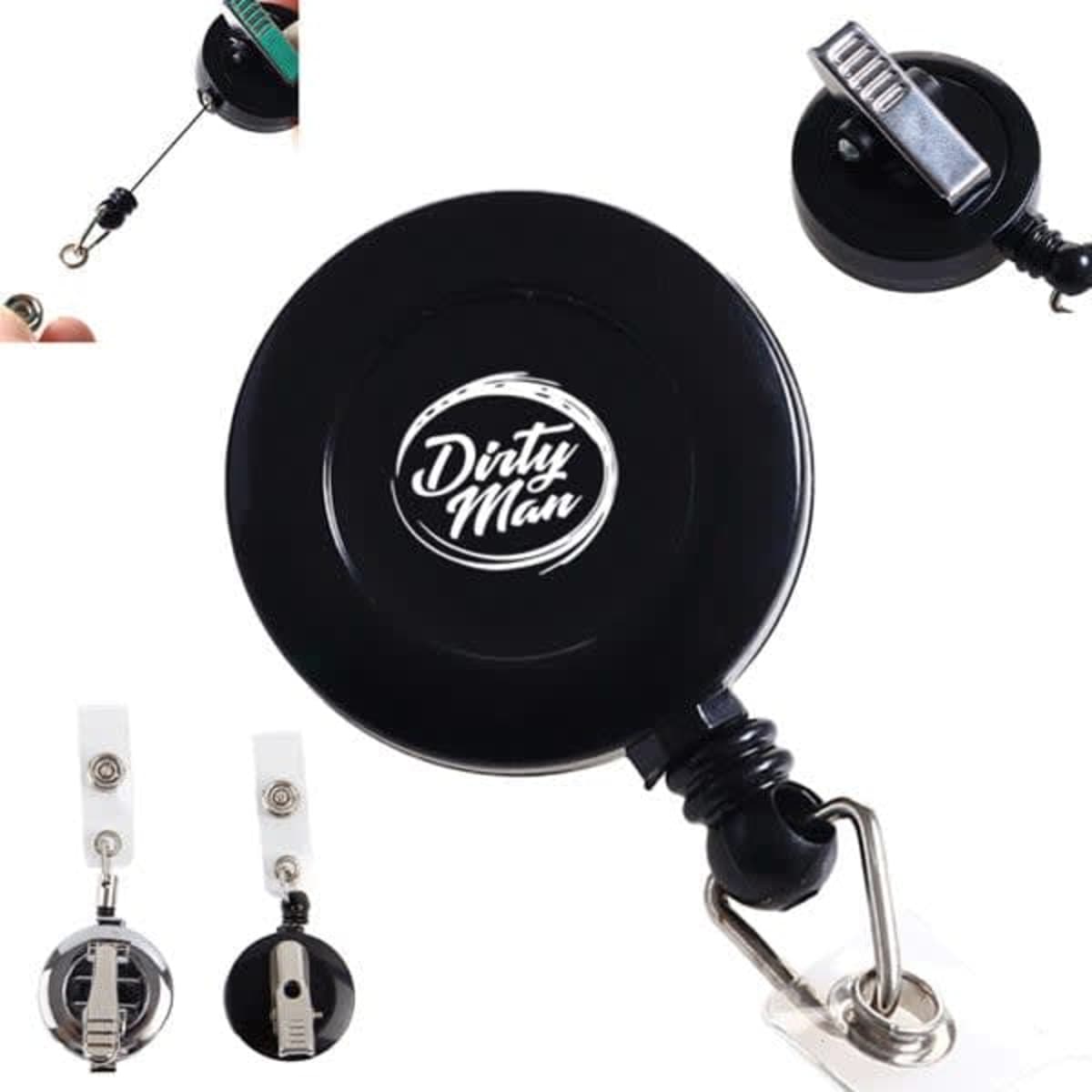 A black metal retractable badge reel with a clip and a logo on the front.