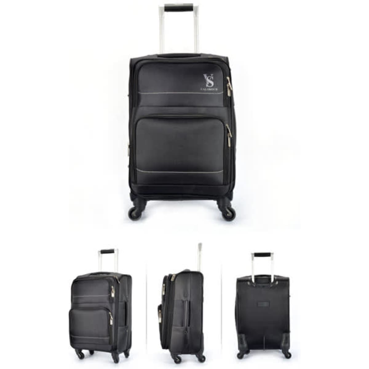 A black Oxford cloth travel trolley suitcase with multiple compartments and a retractable handle. It features a logo.