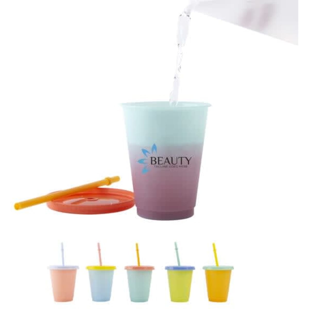 A drink cup set featuring a colour changing 16 oz. cup, a straw, and a lid in multiple pastel colours, with a logo.