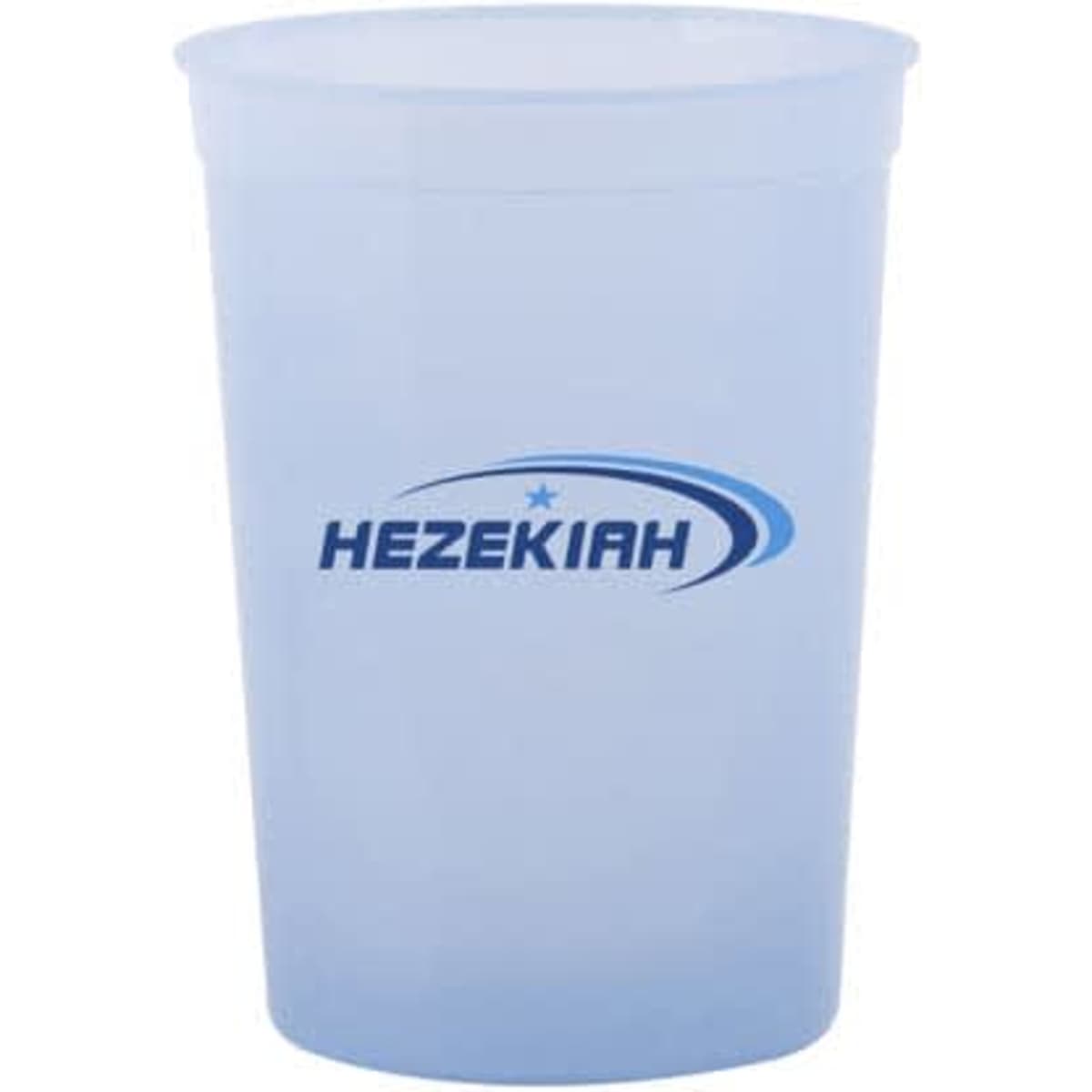 A frosted blue plastic stadium cup featuring a logo. Holds 12 oz of liquid, suitable for various beverages.