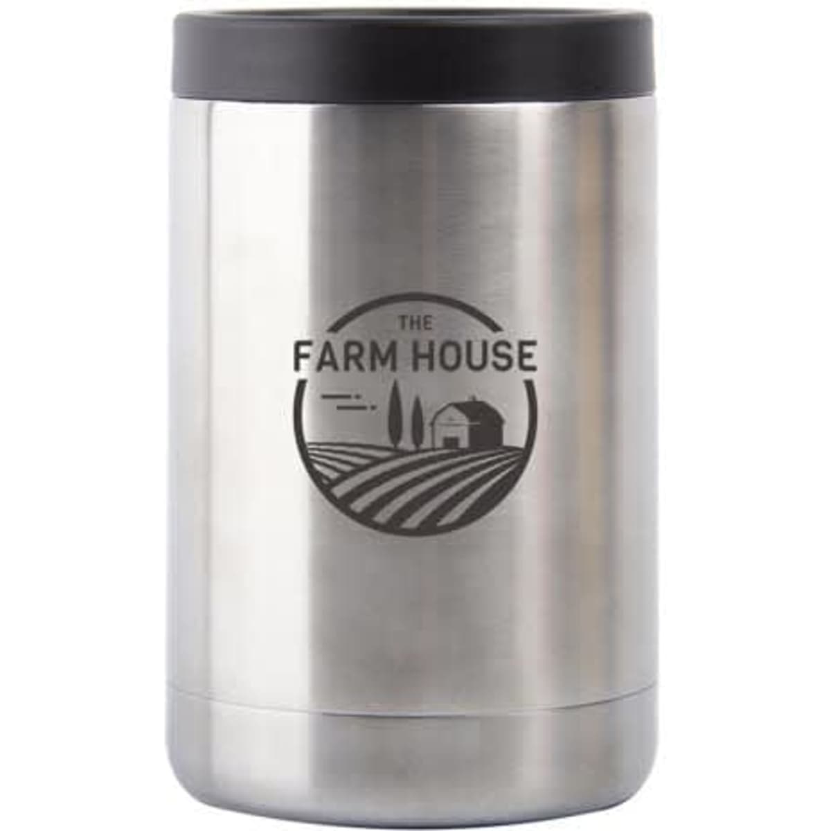 A drink bottle can cooler in stainless steel with a black lid and a logo featuring a farm scene.