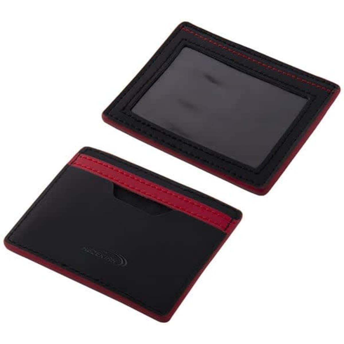 A leather ID card case in black with red accents, featuring a transparent window and a pocket for cards.