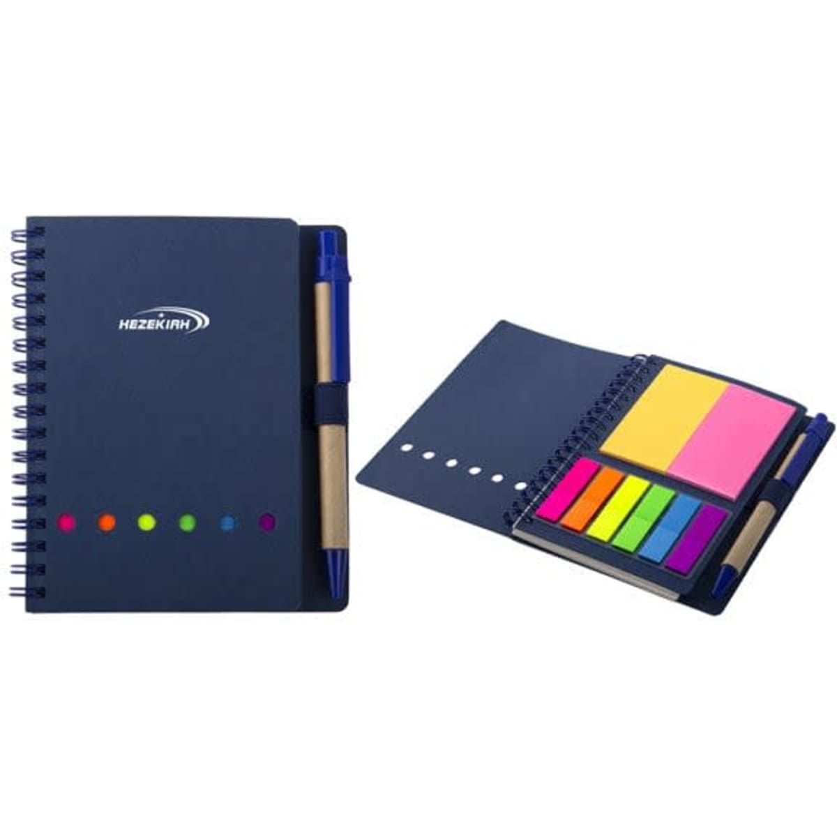 A navy spiral lined notepad with a pen and a section for vibrant sticky notes. Includes branding on the cover.