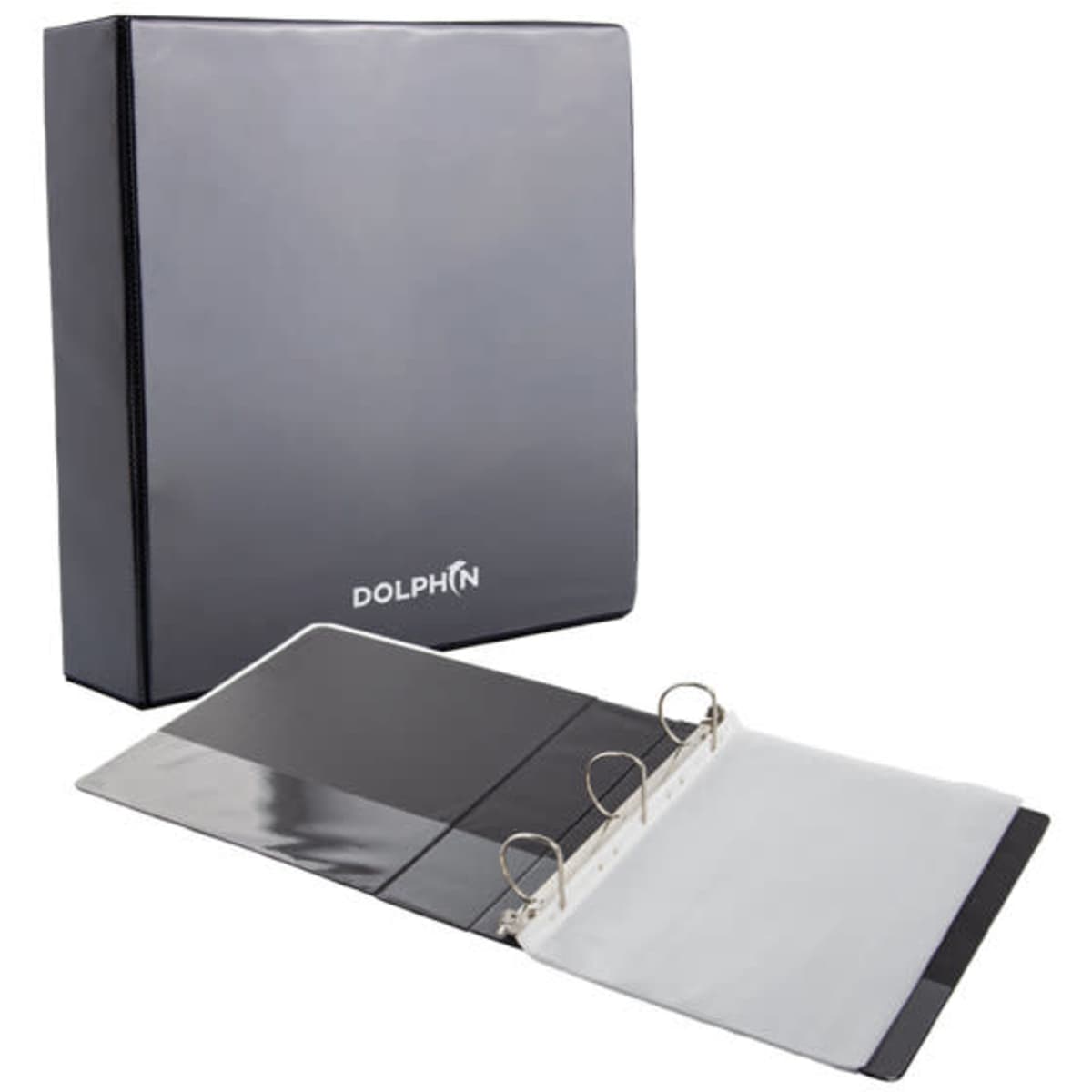 A large black 3-ring binder with a shiny cover, showcasing its interior and rings for holding documents.
