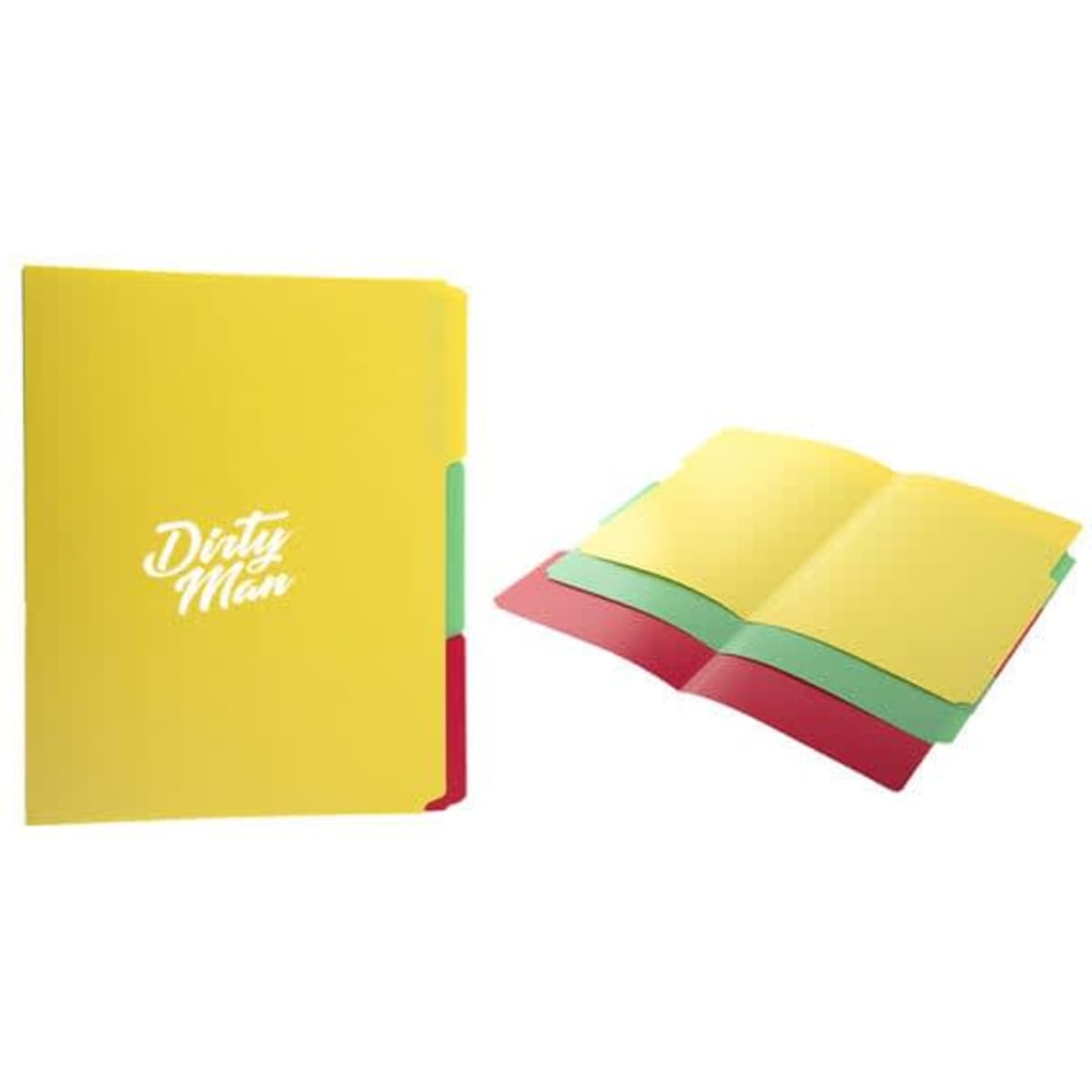 A colourful plastic file folder featuring yellow, red, and green sections, with a logo on the front.