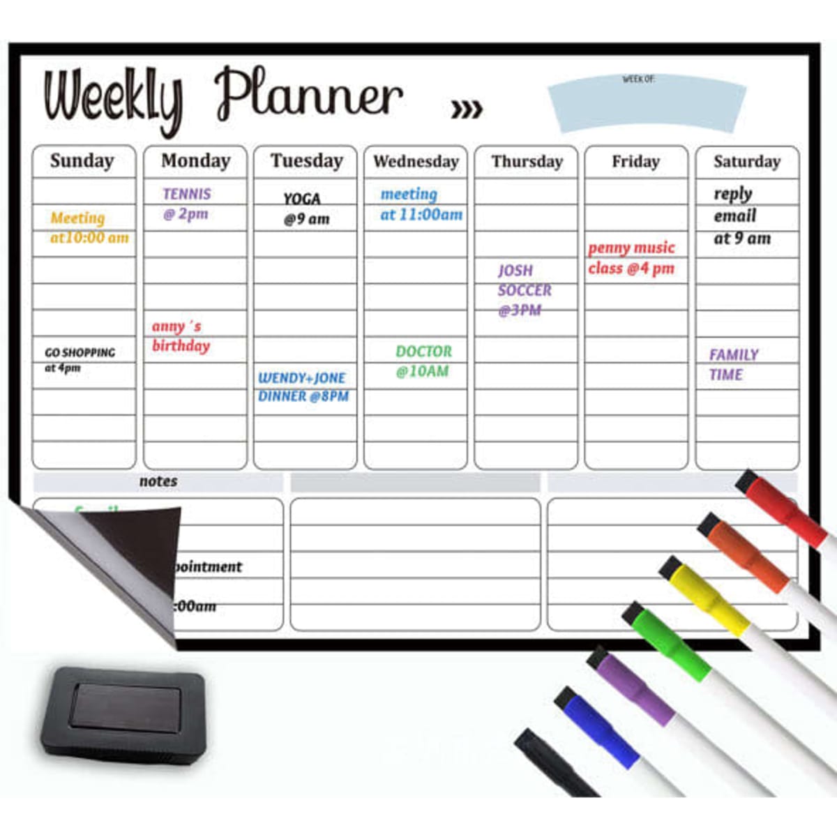 A magnetic dry erase refrigerator calendar features a weekly planner layout with black and colourful marker options.