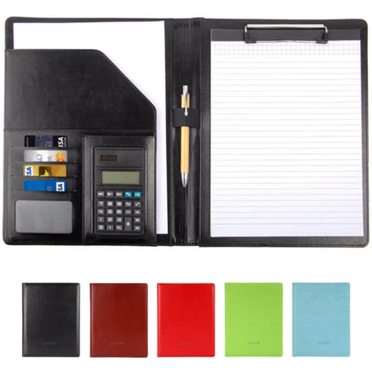 A4 faux leather padfolio with clipboards in black, featuring a calculator, pen, and assorted stationery. Available in multiple colours.
