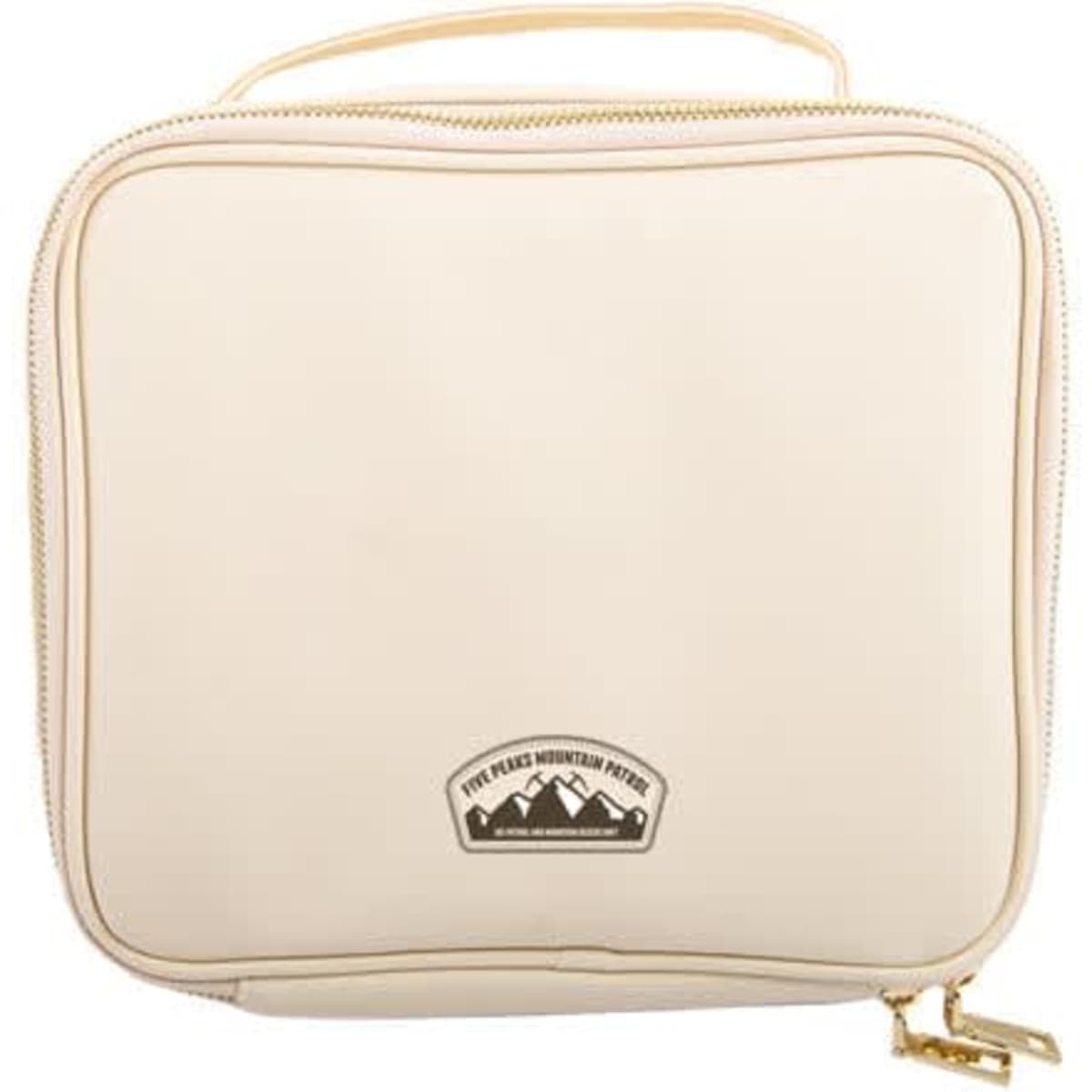 A large cream PU leather travel cosmetic bag with a handle and a logo, featuring a zippered closure.