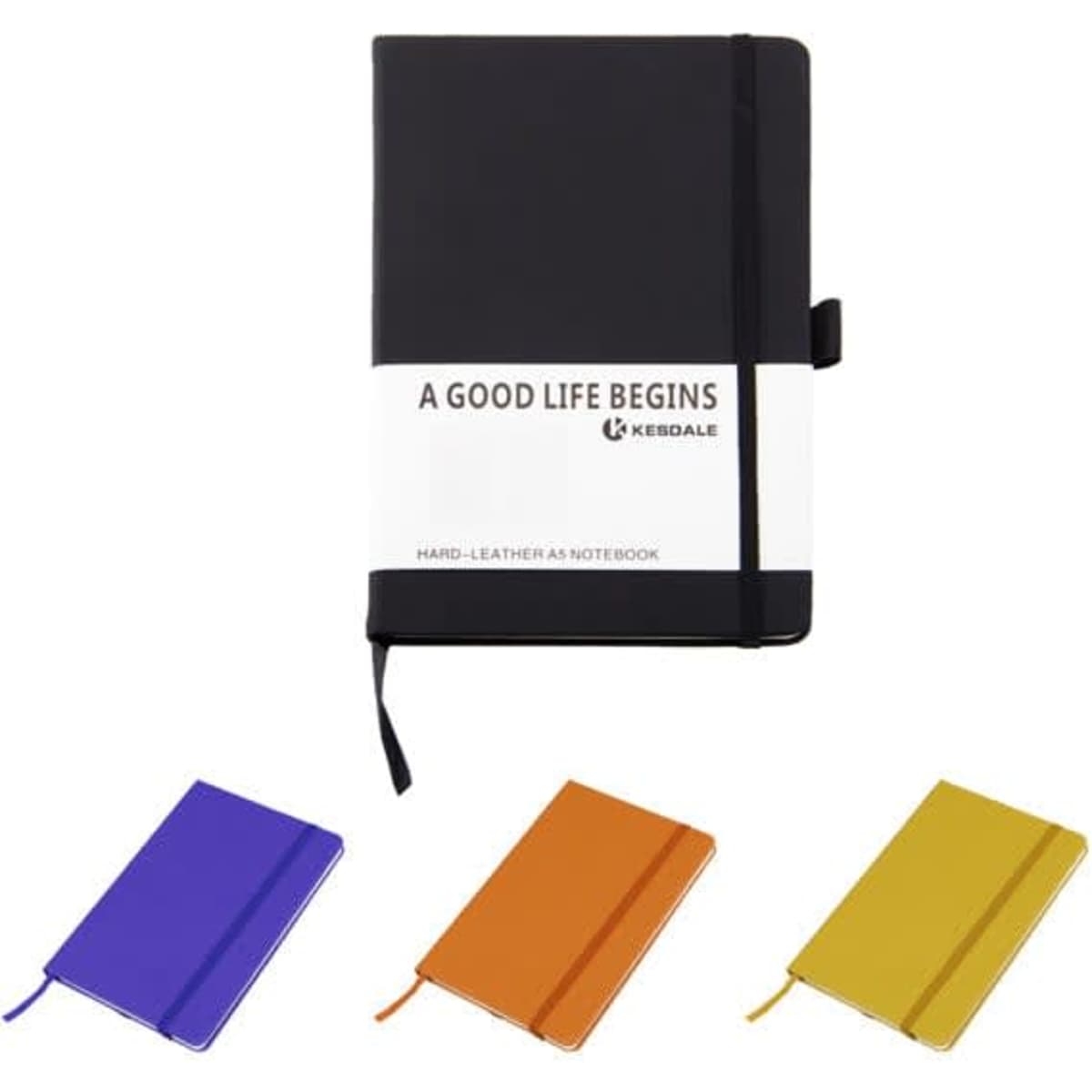 A hardcover PU leather notebook in black, accompanied by notebooks in purple, orange, and yellow. Features a logo.