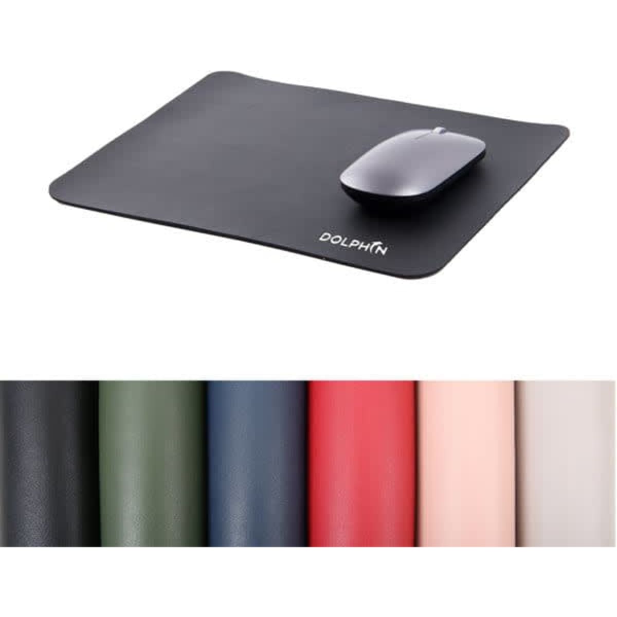 A black customizable mouse pad with a grey mouse on top, accompanied by swatches of various colours below.