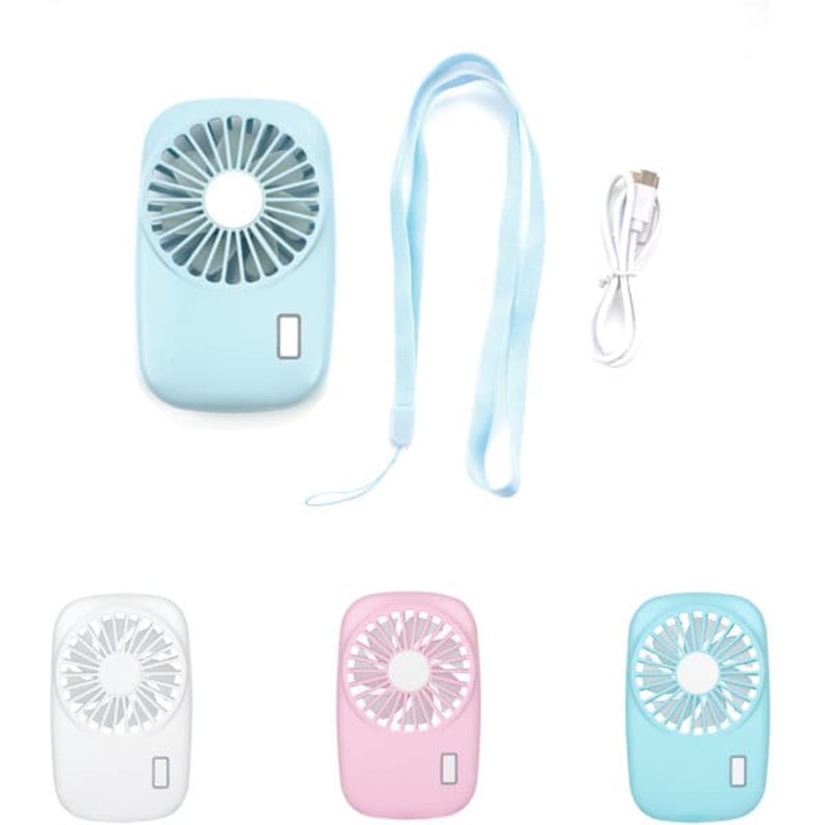 A camera-shaped handheld mini fan in light blue, white, and pink, with a USB charging cable and a strap.