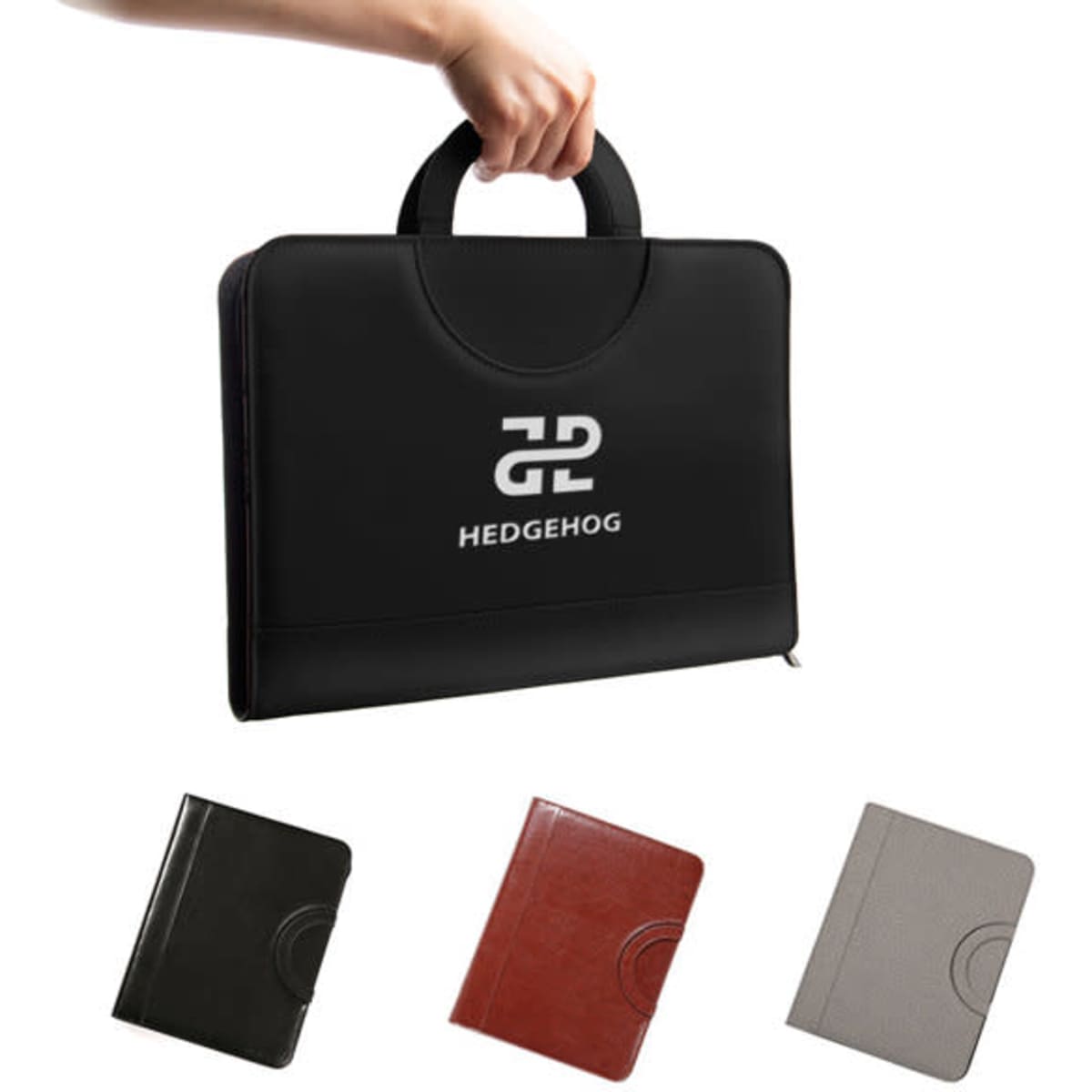 A black PU leather zippered conference folder with a handle, featuring three additional folder colour options: black, brown, and grey.