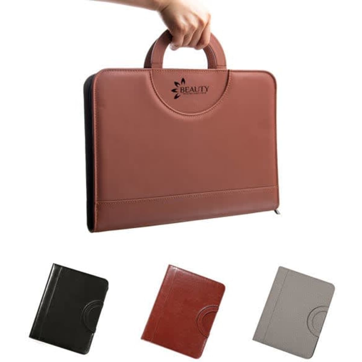 A brown zippered padfolio with a handle, features black, brown, and grey variants below. Contains a logo.