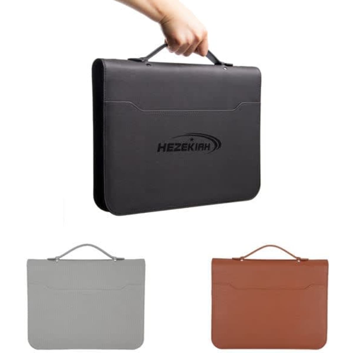 A zipped leather four-ring binder padfolio in black, grey, and brown, featuring a handle and a logo on the front.