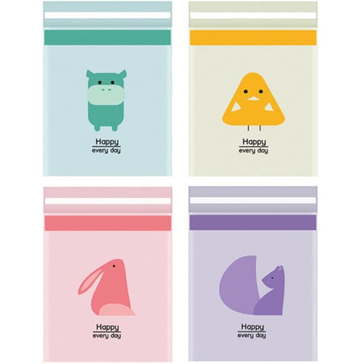 Four colourful bags featuring cute animal illustrations in pastel hues, each with a playful design and a logo.