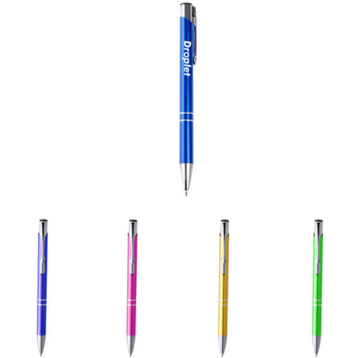 A blue metal click ballpoint pen with a logo, accompanied by pink, green, and orange versions.