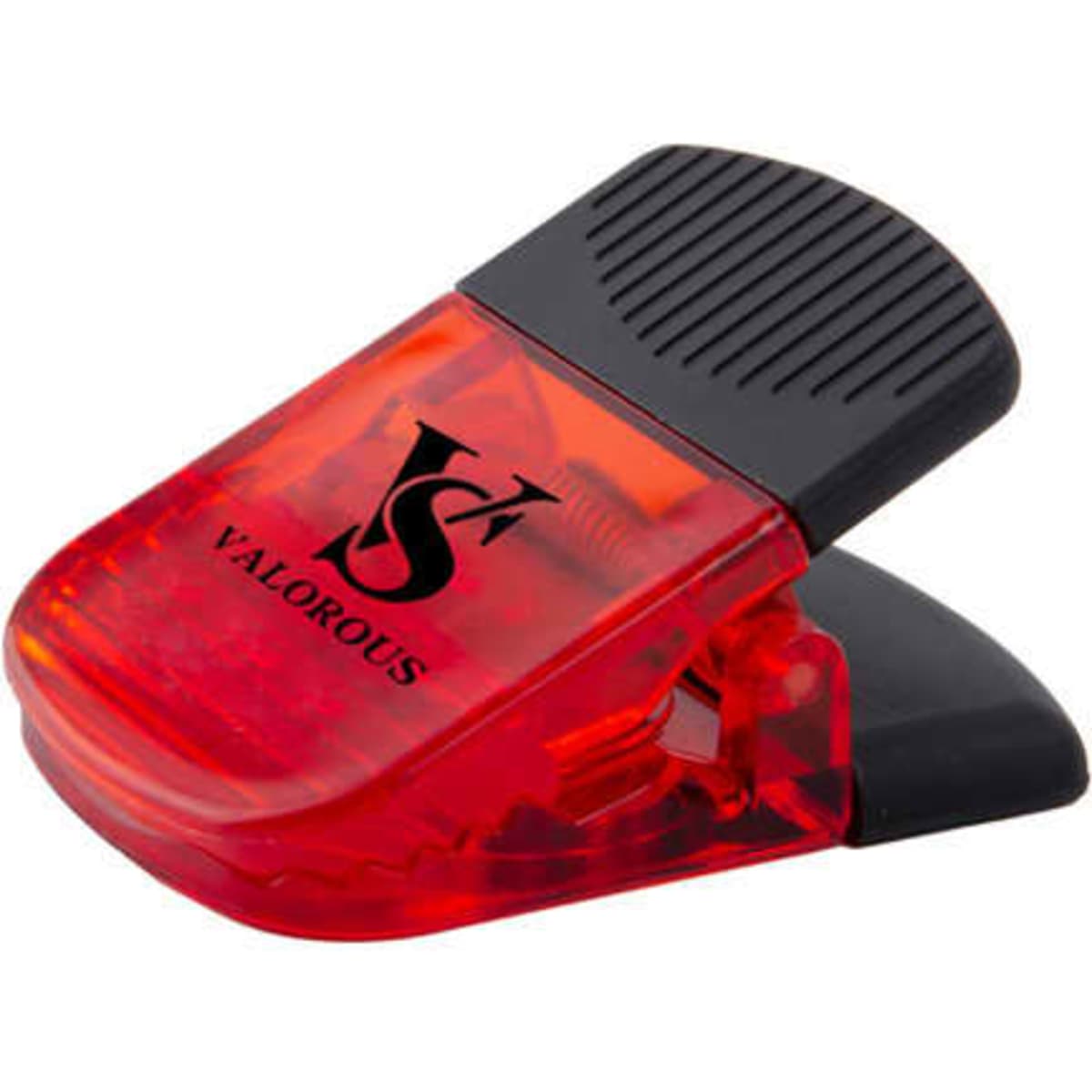 A red plastic magnetic clip with a black handle and a logo on the front.