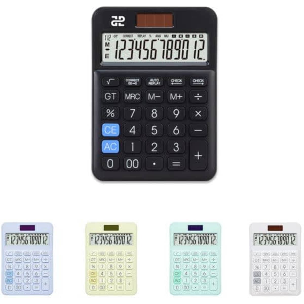 A black 12-digit dual power desktop business calculator with a colour display, featuring various pastel-coloured options below.