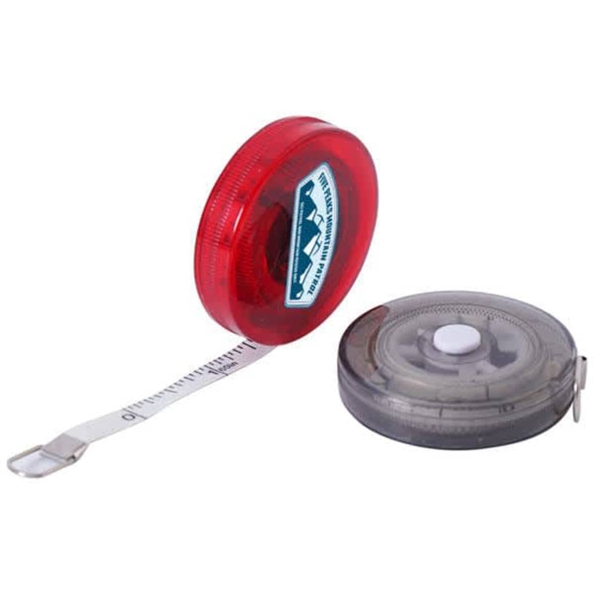 A translucent red and grey round tape measure, featuring a measuring tape that extends from the casing.